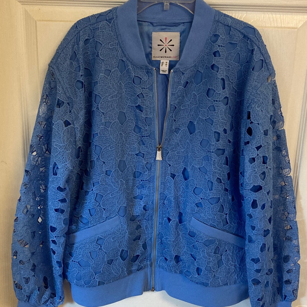 NWOT Isaac Mizrahi Lace Overlay Bomber Jacket in Blue - Picture 1 of 10